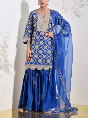 Blue Organza Embroidered Kurta and Sharara Set